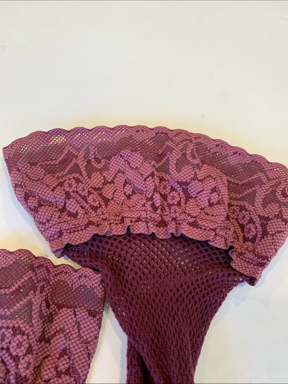 Plum Fishnet Lace Top Stay Up Thigh High Stockings One Size